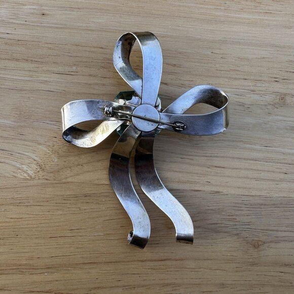 VTG Sterling Silver Ribbon Blue Aqua Glass Stone Brooch MCM 4" Retro 29.4g - Picture 2 of 7